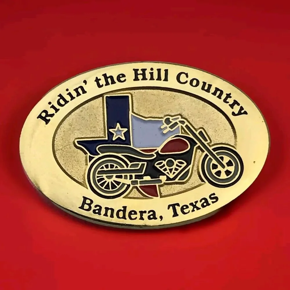 Ridin' The Hill Country Bandera Texas Pin Brooch Gold Tone Enamel Motorcycle